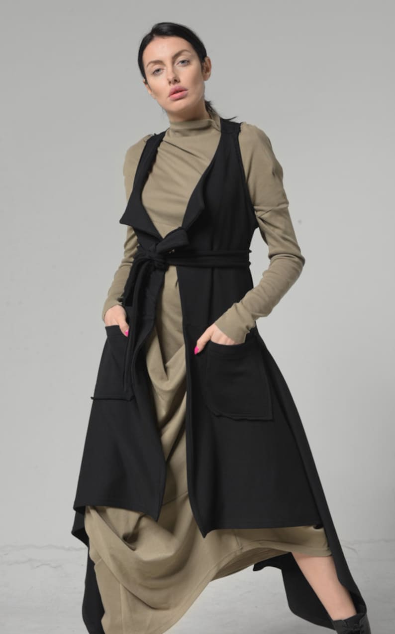 Black Oversize Vest / Plus Size Clothing / Sleeveless Cardigan / Oversized Top / Belted Cardigan / Christmas Gift Black