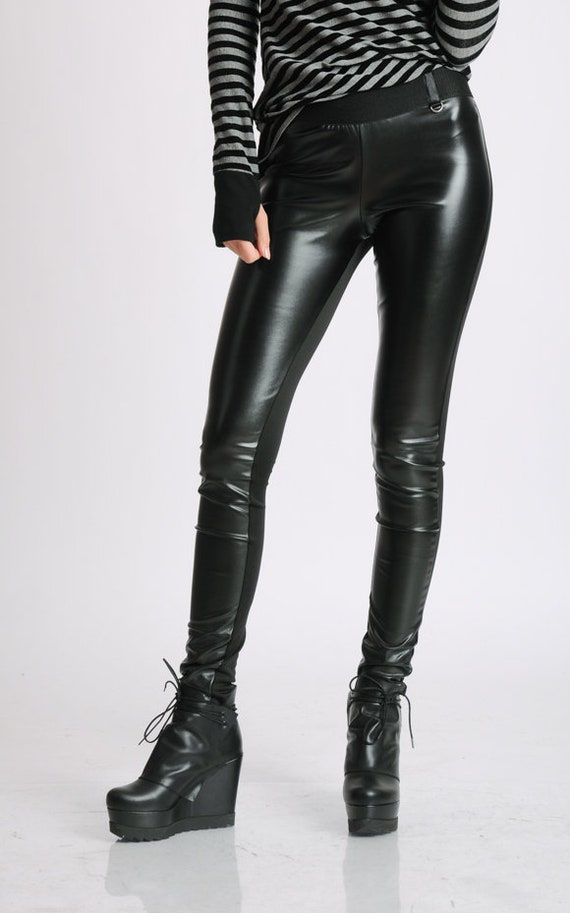 Schwarze Lederhose/Schwarze extra lange Leggings/Glänzende schwarze  Hose/Eng geschnittene Hose/Schwarze Sexy Enge Lederhose/Alternative  Lederhose - .de