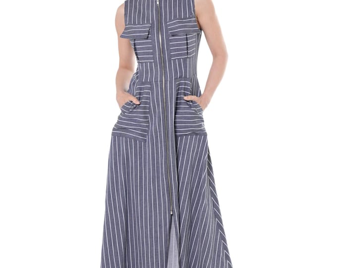 Denim Striped Dress In Dark Blue / Long Zipper Vest / Sleeveless Dress METD0250_Dark