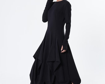 Maxi Black Dress - Draped Dress With Thumbhole Sleeves METD0267