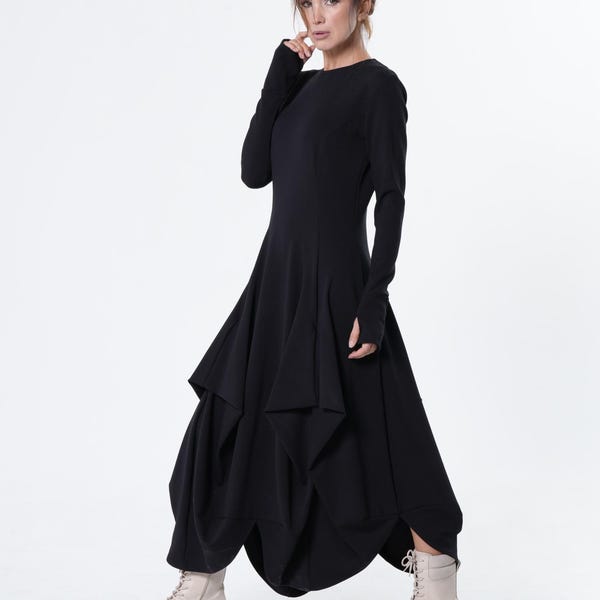 Vestido negro largo - Vestido drapeado con mangas con abertura para el pulgar METD0267