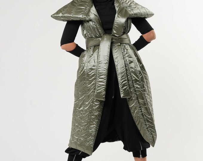Winter Vest / Sleeveless Coat / Long Puffer Coat / Puffy Vest / Puffer Vest / Olive Green Vest / Shiny Vest METC0055