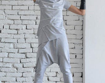 Light Grey Sport Set/Loose Two Piece/Asymmetric Tunic/Drop Crotch Pants/Hooded Tunic/Grey Casual Suit/Short Sleeve Hoodie METJ0005