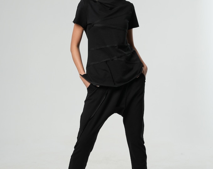 Sport Set / Womens Two Piece Set / Two Piece Set Women / Black Joggers / Harem Pants Set / Jogger Set / Asymmetrical Top /  METJ0005