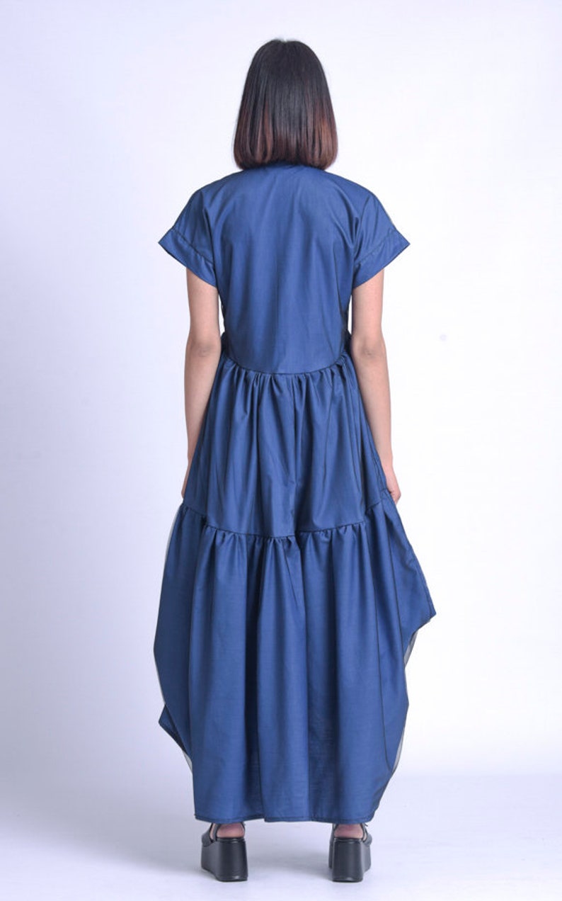 Blue Loose DressAsymmetric Casual Maxi DressOversize Short Sleeve DressPlus Size DressBlue Shirt DressHigh Waist Dress METD0154