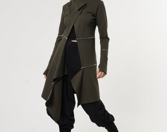 NEW Asymmetrical Coat / Khaki Coat / Olive Green Coat / Futuristic Clothing / Futuristic Coat / Thumb Hole Sleeve / Post Apocalyptic Jacket