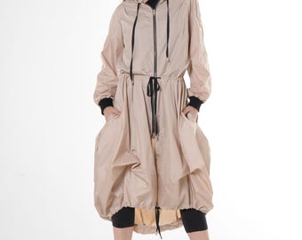 Asymmetric Hooded Raincoat In Beige / Transitional Jacket / Spring Coat METC0091-Beige