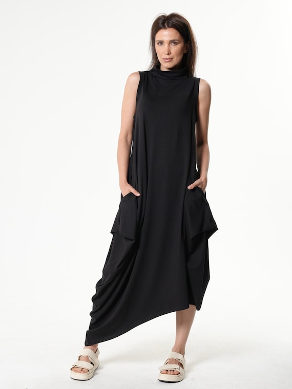 Sleeveless Cotton Dress in Black / Asymmetric Maxi Dress METD0240 - Etsy