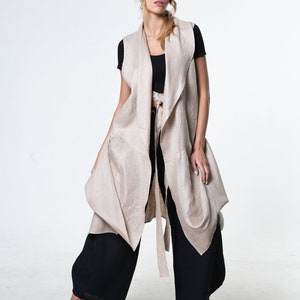 Leinenweste / Leinenweste Damen / Ärmellose Leinen Tunika / Asymmetrische Tunika / Asymmetrische Weste /Beige Weste /Weste mit Gürtel METT0065