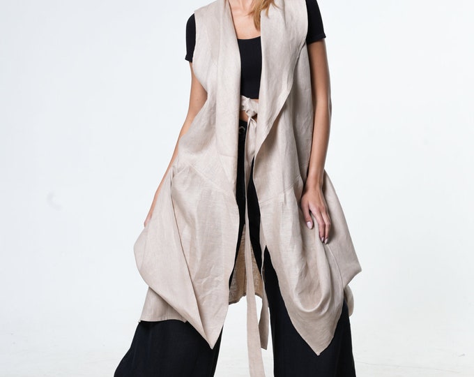 Linen Vest / Linen Vest Women / Sleeveless Linen Tunic / Asymmetric Tunic / Asymmetric Vest /Beige Vest /Belted Vest METT0065