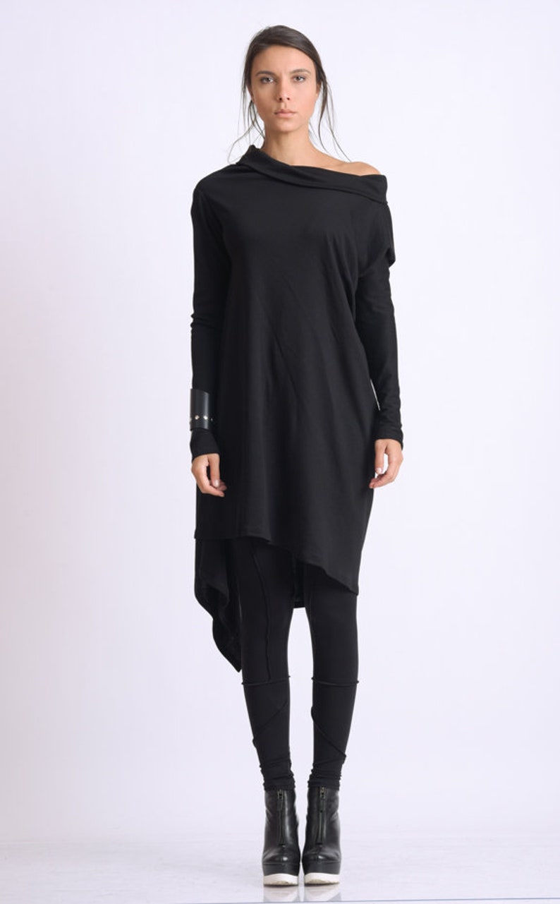 Black Asymmetric Tunic/Loose Long Top/Extravagant Casual Tunic/Oversize Black Long Top/Long Sleeve Tunic Top/Everyday Casual Black Tunic image 1