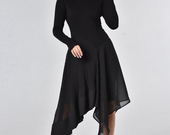 Robe asymétrique à manches longues/robe à manches trou pour le pouce/robe plissée décontractée/robe en mousseline de soie noire/robe confortable de tous les jours METD0134