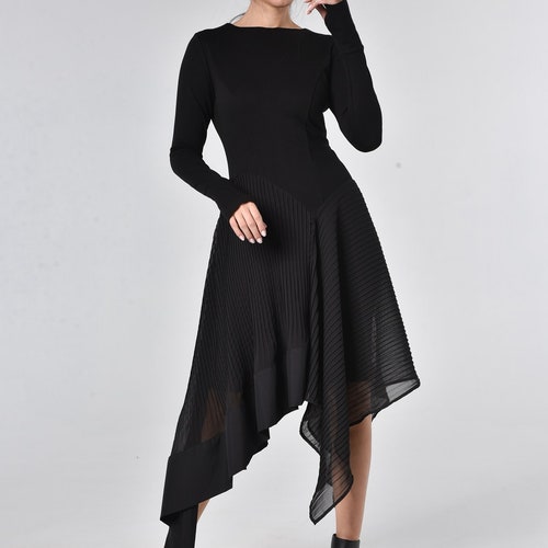 navy blue dress for baby girl Long Sleeve Asymmetric Dress/Thumb Hole Sleeve Dress/Casual Pleated Dress/Black Chiffon Dress/Everyday Comfortable Dress METD0134