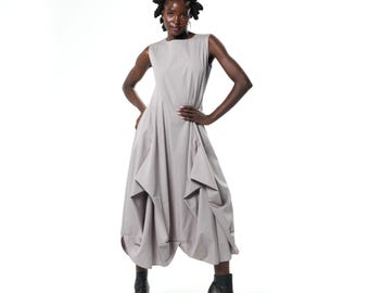 Sleeveless Dress With Drappings In Light Gray - Elegant Sleeveless Dress METD0085