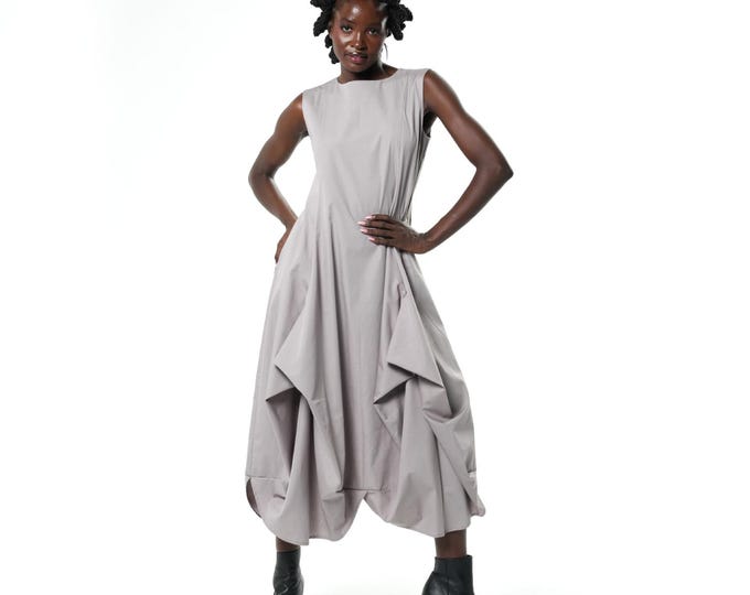 Sleeveless Dress With Drappings In Light Gray - Elegant Sleeveless Dress METD0085