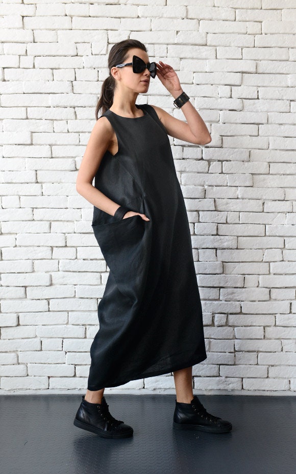 Black Maxi Dress/sleeveless Black Kaftan/loose Linen Long - Etsy