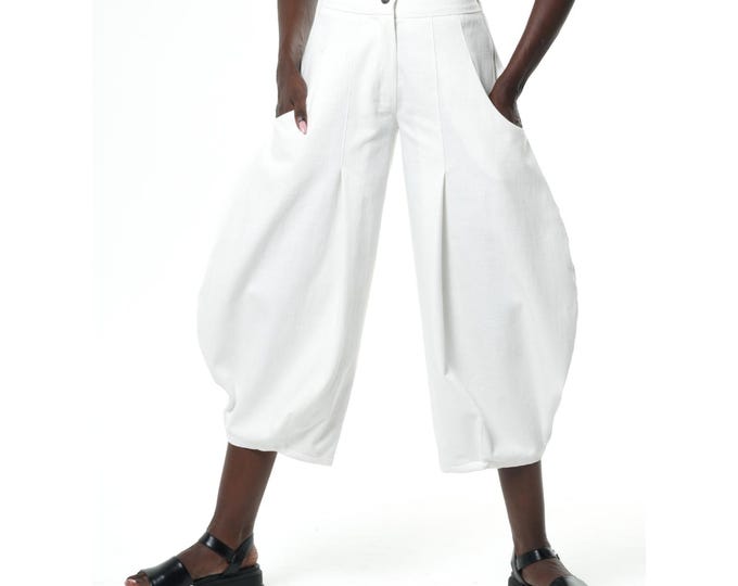 White Denim Wide Leg Trousers - Voluminous Leg Jean Pants - METP0144