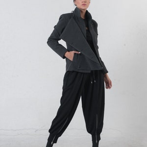 May include: A charcoal gray jacket with a high collar and asymmetrical design, paired with black, loose-fitting pants. The pants feature zippers at the ankles. The outfit is a modern, minimalist style.