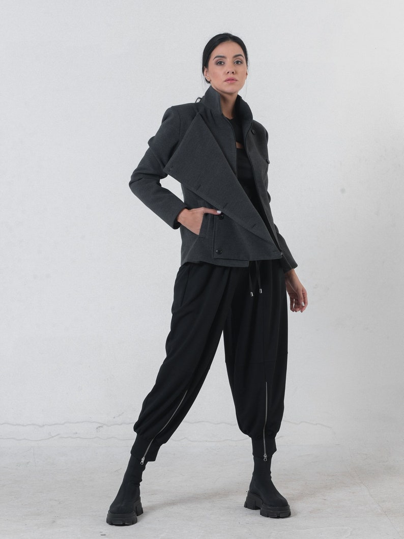 May include: A charcoal gray jacket with a high collar and asymmetrical design, paired with black, loose-fitting pants. The pants feature zippers at the ankles. The outfit is a modern, minimalist style.