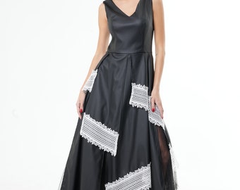 Faux Leather Dress / Women Leather Dress / Long Leather Dress / Leather Dress Women / Black V Neck Dress METD0212