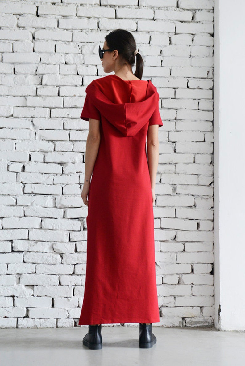 Red Long Casual Dress/hooded Maxi Dress/oversize Pocket - Etsy