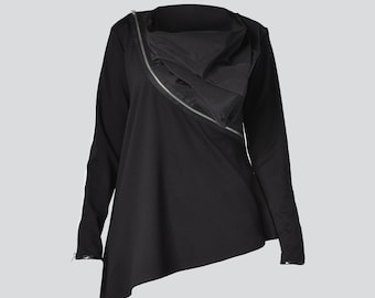 Black Asymmetric Top/Long Sleeve Top/Asymmetric Black Shirt/Oversize Shirt with Zippers/Loose Black Jacket/Long Sleeve Tunic/Black Maxi Top