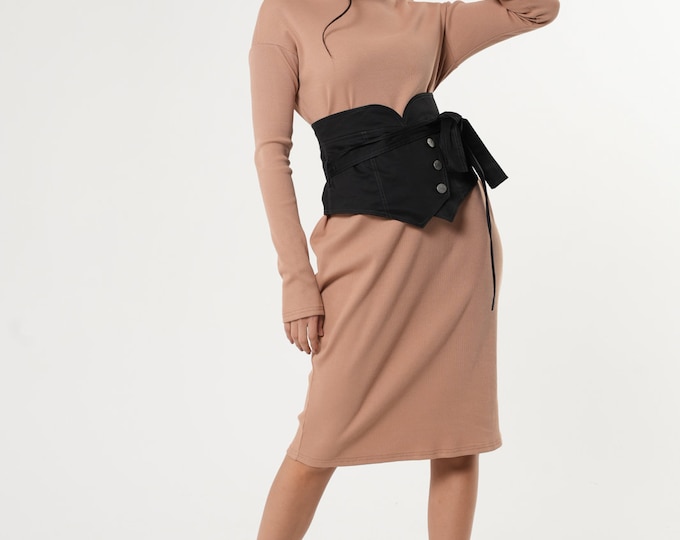 Ribbed Dress / Turtle Neck Dress / Midi Long Sleeve Dress / Casual Fall Dress / Loose Fit Dress