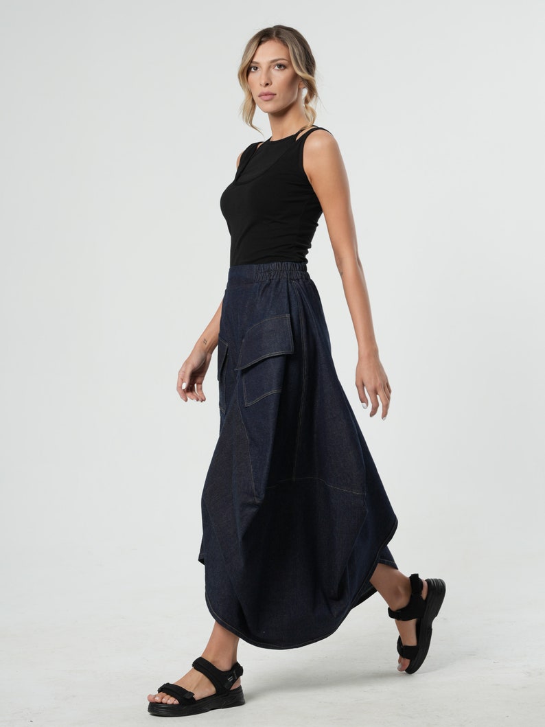 Extravagant Maxi Denim Skirt / Long Skirt With Pockets / Jeans Maxi Skirt / Asymmetrical Line Skirt / Cargo Style Pockets Skirt image 7