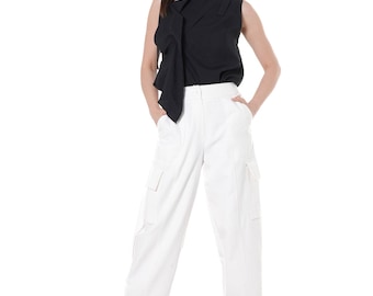 Denim Cargo Pants / 7/8 White Jeans / Low Waist Pants METP0132