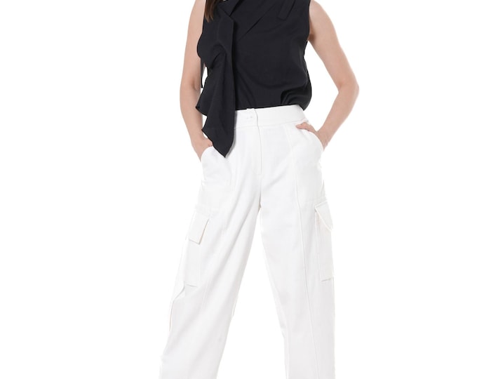 Denim Cargo Pants / 7/8 White Jeans / Low Waist Pants METP0132