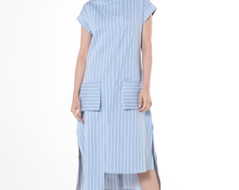 Asymmetrical Jean Dress / Midi Striped Denim Dress In Light Blue - METD0251