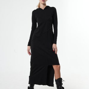 NEW Black Hooded Dress / Dress with Hood / Asymmetric Dress / Long Sleeve Goth Dress / Black Witch Dress METD0230