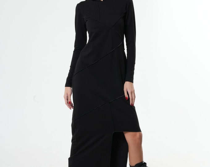 NEW Black Hooded Dress / Dress with Hood / Asymmetric Dress / Long Sleeve Goth Dress / Black Witch Dress METD0230