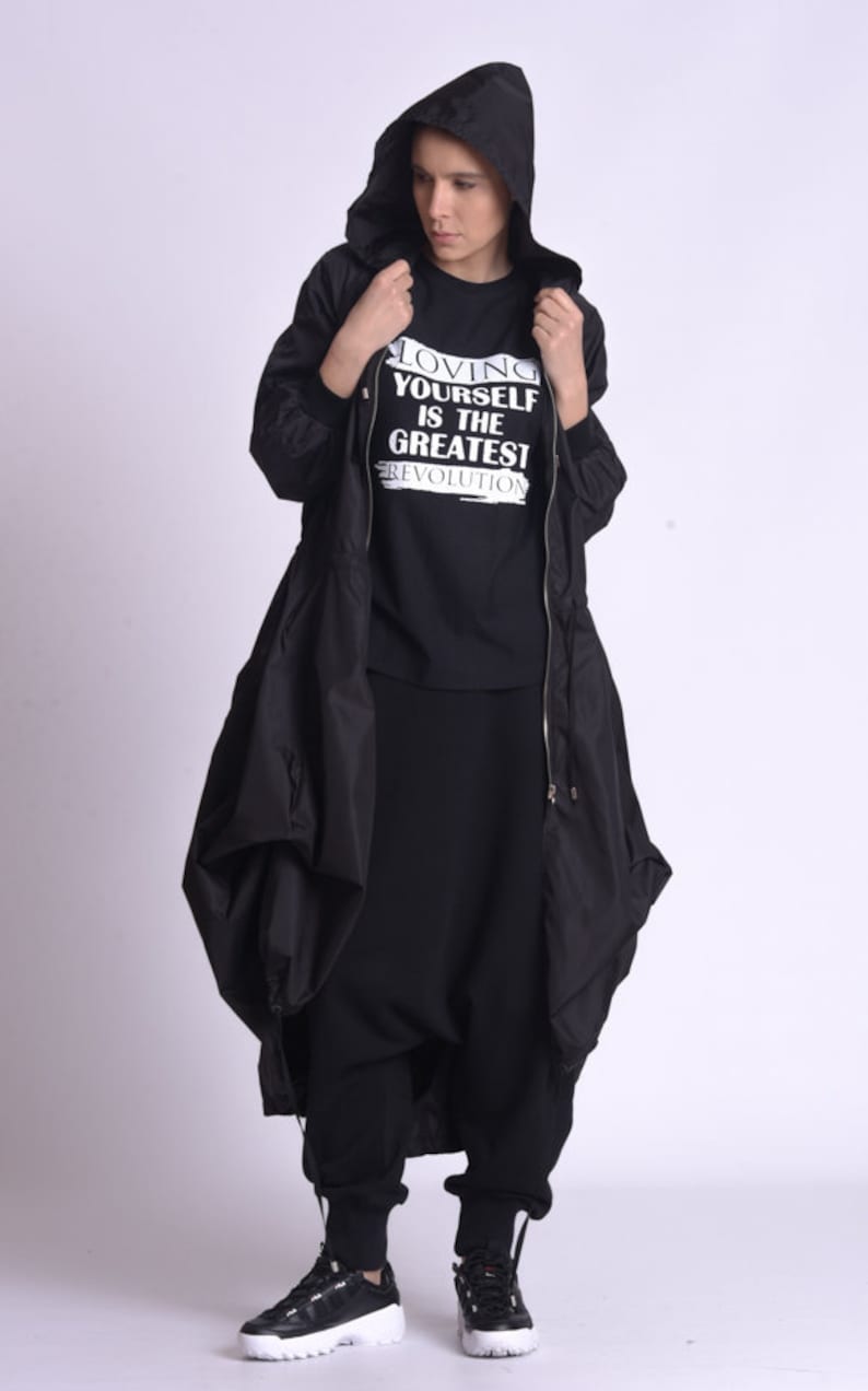 Black Long Raincoat / Hooded Raincoat Women / Oversize Jacket / Plus Size Clothing image 2