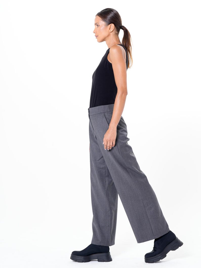 Pantalones grises de pierna ancha/Pantalones largos maxi/Pantalones largos de oficina/Pantalones cómodos para uso diario/Pantalones con bolsillos para mujer/Pantalones casuales holgados METP0019 imagen 4