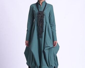 Long Sleeve Dress/Asymmetric Casual Dress/Loose Collar Dress/A Line Shirt Dress/Extravagant Everyday Kaftan/Green Maxi Dress METD0162