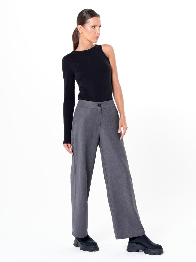 Pantalones grises de pierna ancha/Pantalones largos maxi/Pantalones largos de oficina/Pantalones cómodos para uso diario/Pantalones con bolsillos para mujer/Pantalones casuales holgados METP0019 imagen 7