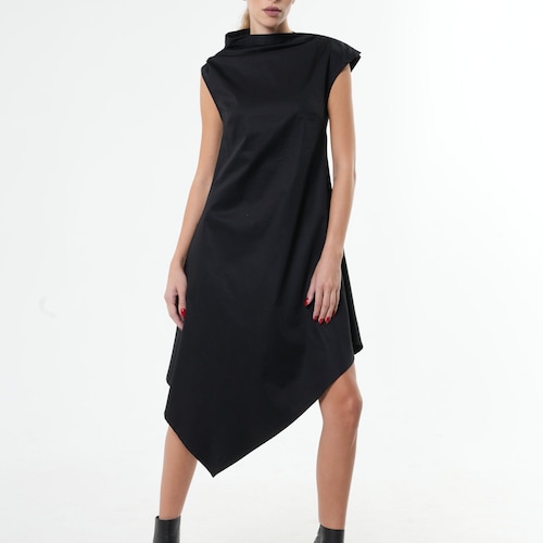 black high-neck asymmetric belted a-line dress Black Asymmetric Dresses