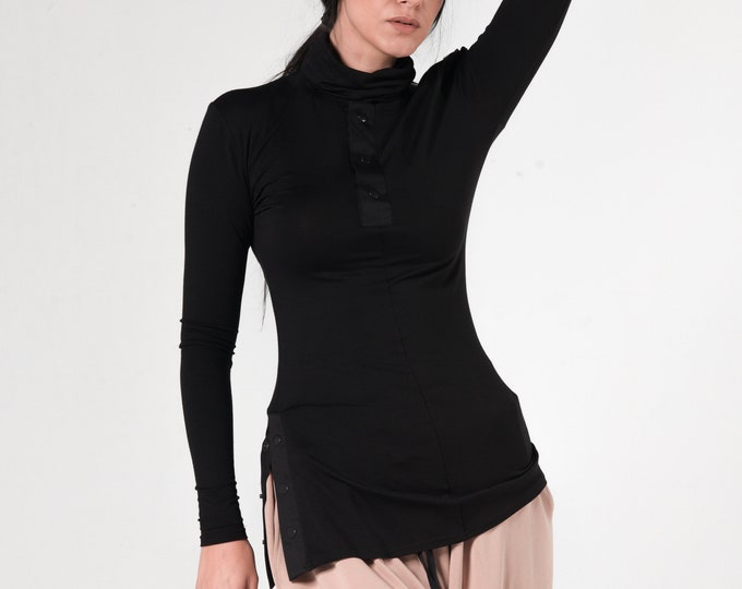 Turtleneck Blouse / Cut Out Blouse / Button Up Top / Black Turtleneck / Futuristic Clothing / Fitted Blouse / Black Turtle Neck METT0231