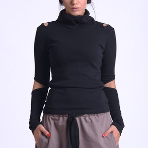 Turtleneck Sweater Women / Turtle Neck Top / Metamorphoza / Cutout Top / Open Elbow / Fitted Blouse / Cut Out Top