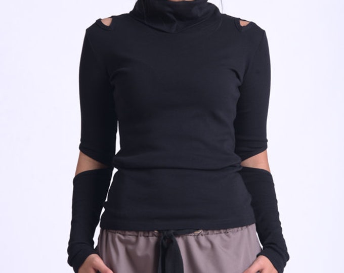 Turtleneck Sweater Women / Turtle Neck Top / Metamorphoza / Cutout Top / Open Elbow / Fitted Blouse / Cut Out Top