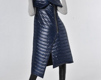Maxi Puffer Vest / Woman Gilet / Puffy Warm Vest / Blue Sleeveless Jacket / Long Puffer Coat / Practical Winter Vest METC0116