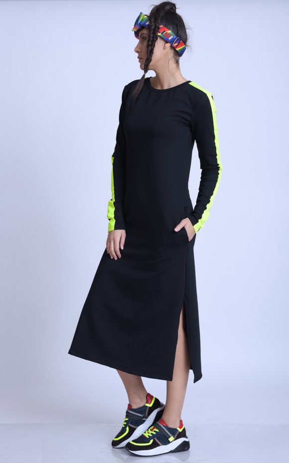 Everyday Dress with Neon Long Sleeve Casual Dress Black Pocket Dress Black Casual Dress with Neon Dress with Side Slits Rave Outfit
