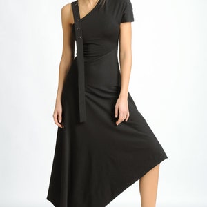 Black Asymmetric Dress/Extravagant Loose Dress/Oversize Long Tunic with One Sleeve/Dress with Studs/Casual Black Dress METD0121 Black