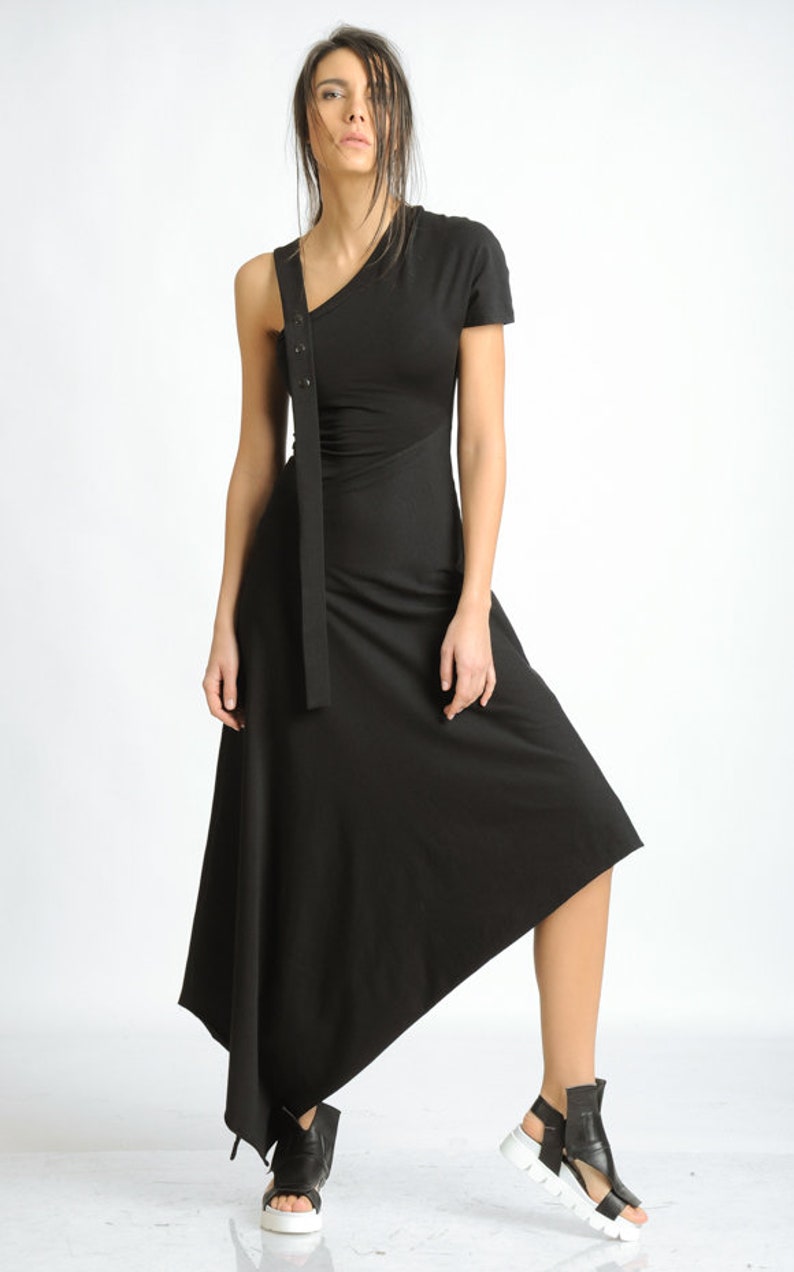 Black Asymmetric Dress/Extravagant Loose Dress/Oversize Long Tunic with One Sleeve/Dress with Studs/Casual Black Dress METD0121 Black