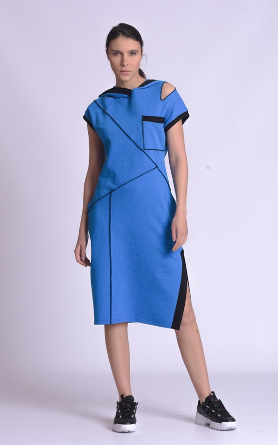 Blue Hooded Dress / Cotton Tunic Dress / Party Dress / - Etsy