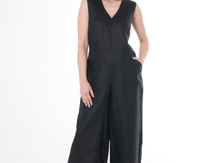 Long Linen Jumpsuit In Black / Summer Overall / Linen One-Piece METJ0030-Black