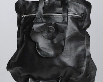 Genuine Leather Black Tote Bag/Large Front Pocket Bag/Asymmetric Zipper Black Bag/Extravagant Asymmetric Black Bag/Large Casual Tote Bag