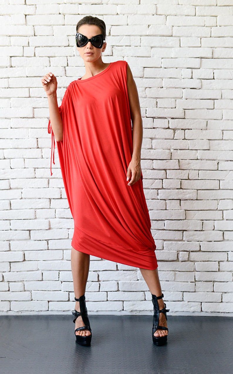 Red Loose Kaftan/Plus Size Maxi Dress/Asymmetric Tunic /Red Oversize Dress/Casual Everyday Dress/Summer Red Dress/Oversize Midi Red Dress image 1