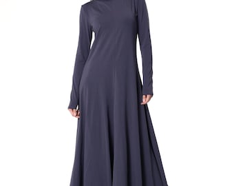 Long Cotton Dress in Gray / Casual Fall Dress / Long Sleeve Dress With Turtleneck METD0246-G